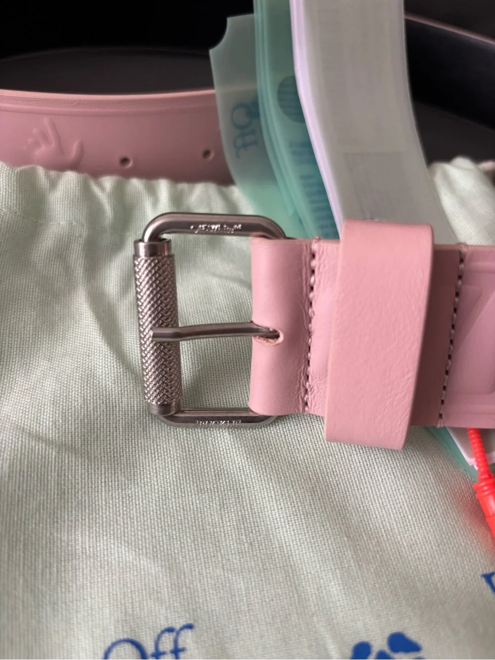 Off-White Pink and Black Leather Logo Belt